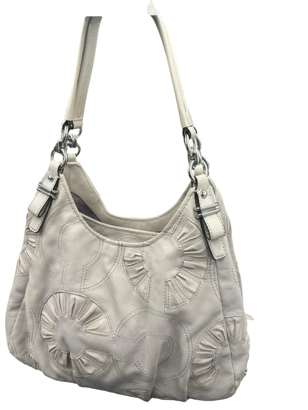 Coach Kristin Leather Pleated Floral Appliqué Hobo Shoulder Bag Ivory Taupe 2010